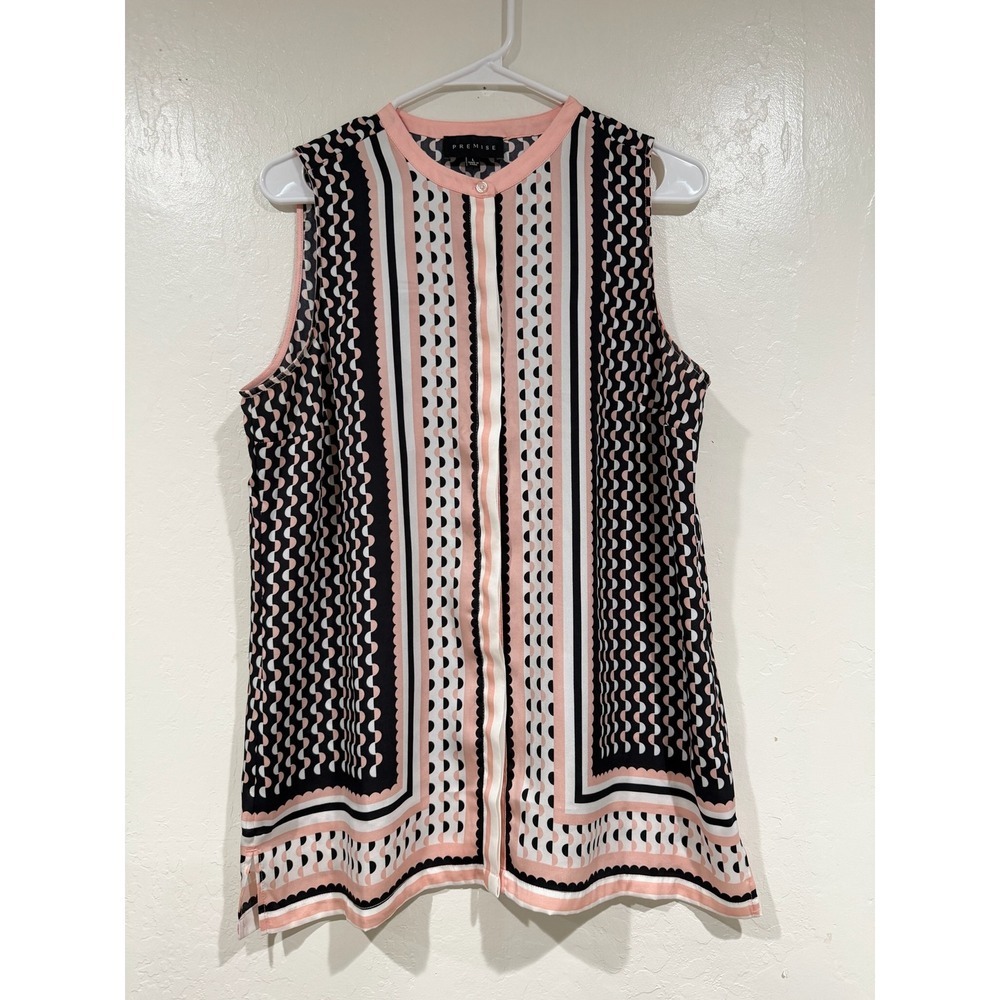 Premise Womens Pink Black Geometric Print Sleeveless Button Up Blouse Top Large - Picture 2 of 7